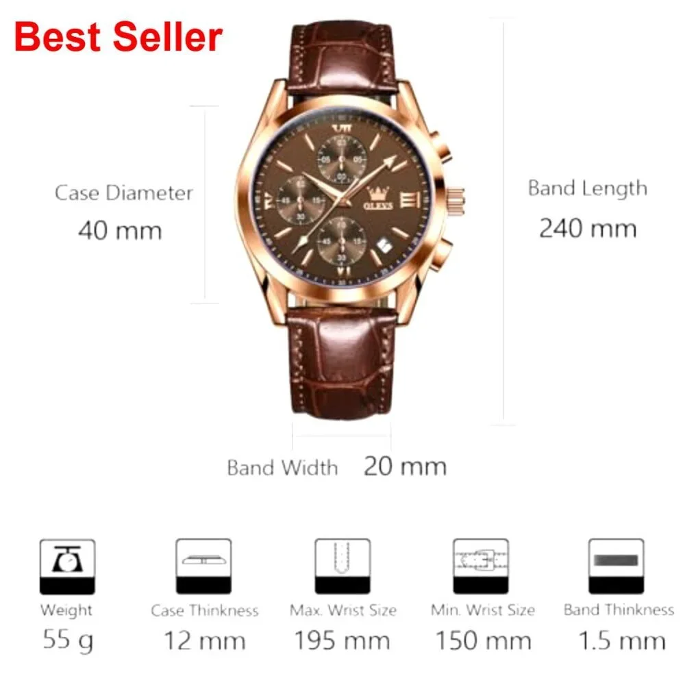 Men's Chronograph Leather Watch with Luminous Date Analog